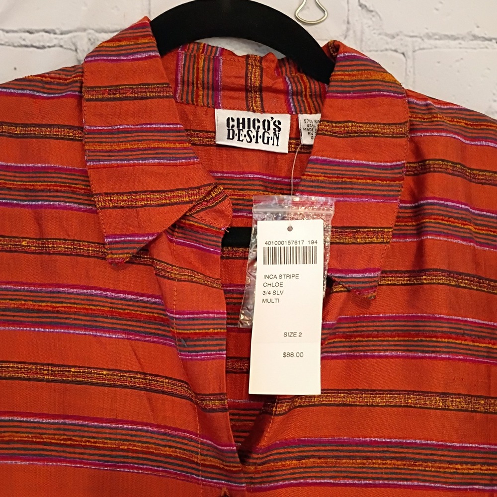 Chicos Design Inca Stripe Silk Blend Button Down Shirt Vtg Orange Multi Size 2 - Picture 2 of 8